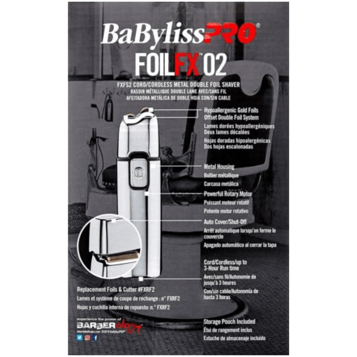 BaBylissPRO FoilFX Rasoir double grille en métal sans fil (Argent) #FXFS2