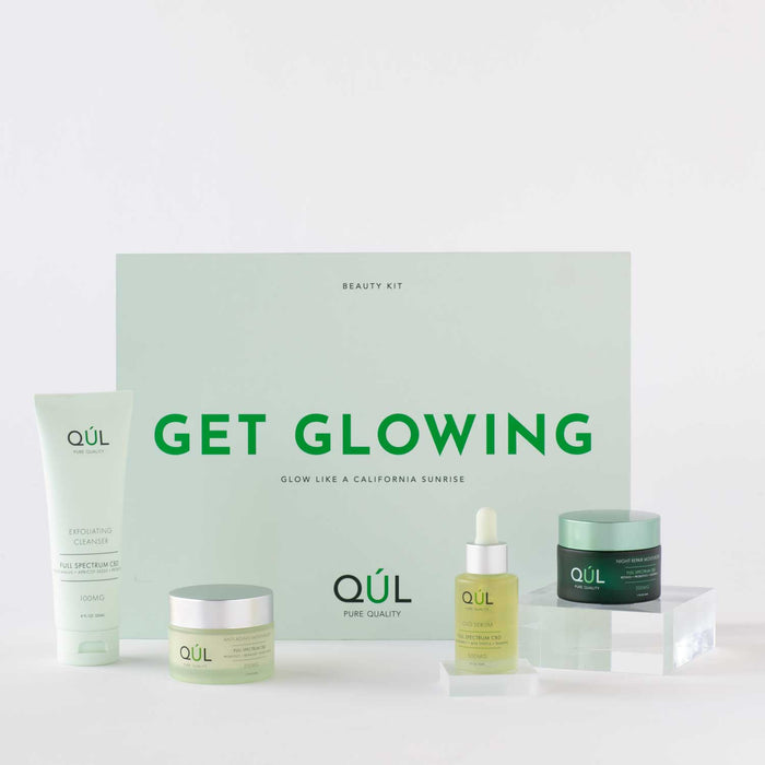 Get Glowing Kit by Kul CBD for Unisex - 4 Pc 4oz Exfoliating Cleanser, 1.7oz Anti-Aging Moisturizer, 1.7oz Night Repair Moisturizer, 1oz Glo Serum