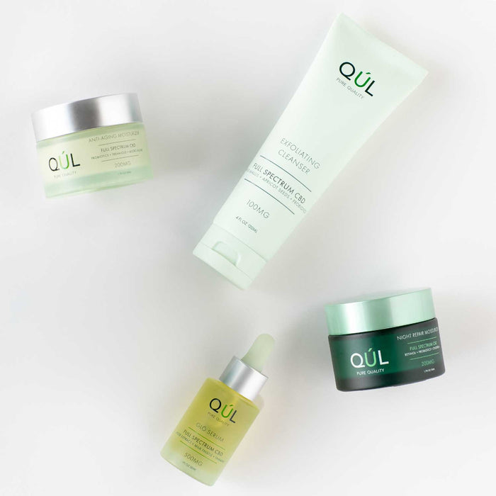 Get Glowing Kit by Kul CBD for Unisex - 4 Pc 4oz Exfoliating Cleanser, 1.7oz Anti-Aging Moisturizer, 1.7oz Night Repair Moisturizer, 1oz Glo Serum