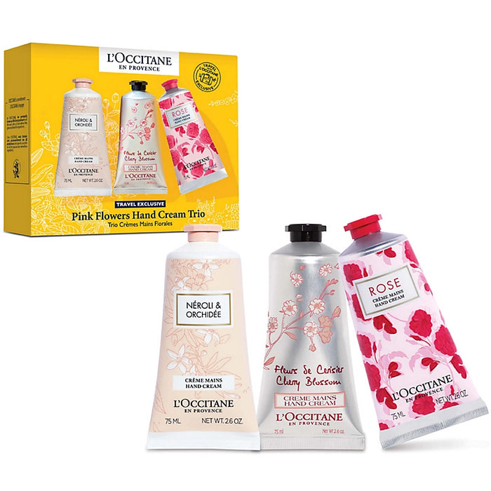 Pink Flowers Hand Cream Trio by LOccitane for Unisex - 3 x 2.6 oz Neroli and Orchidee Hand Cream, Rose Hand Cream, Cherry Blossom Hand Cream