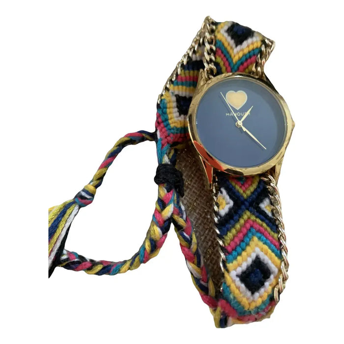 MSHHIBC Hindi Heart - Gold/Blue Nylon Strap Watch by Manoush for Women - 1 Pc Watch