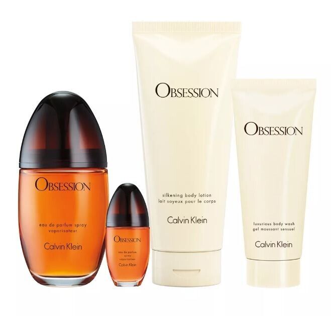 Obsession de Calvin Klein pour femme - Coffret 4 pièces Spray EDP 3,3 oz, Spray EDP 0,5 oz, Gel douche 3,4 oz, Lotion pour le corps 6,7 oz