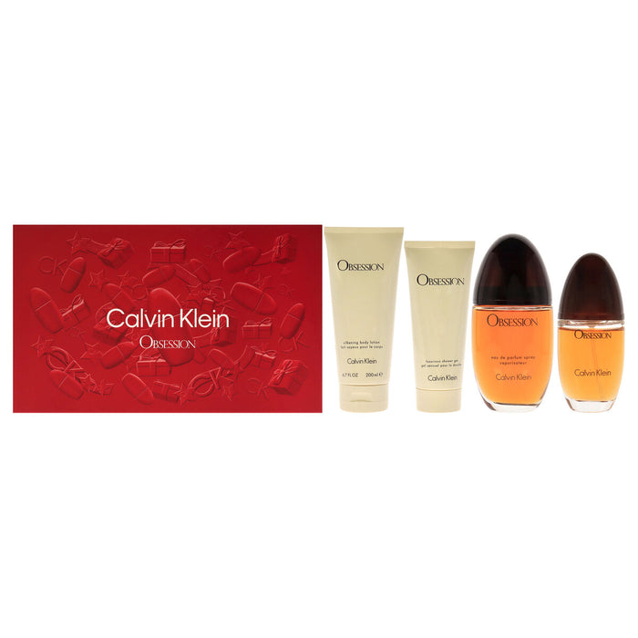 Obsession de Calvin Klein pour femme - Coffret 4 pièces Spray EDP 3,3 oz, Spray EDP 0,5 oz, Gel douche 3,4 oz, Lotion pour le corps 6,7 oz