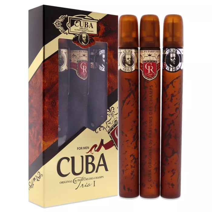 Cuba Trio 1 de Cuba pour hommes - Coffret 3 pièces Spray EDT Cuba Gold 1,17 oz, Spray EDT Cuba Royal 1,17 oz, Spray EDT Cuba VIP 1,17 oz