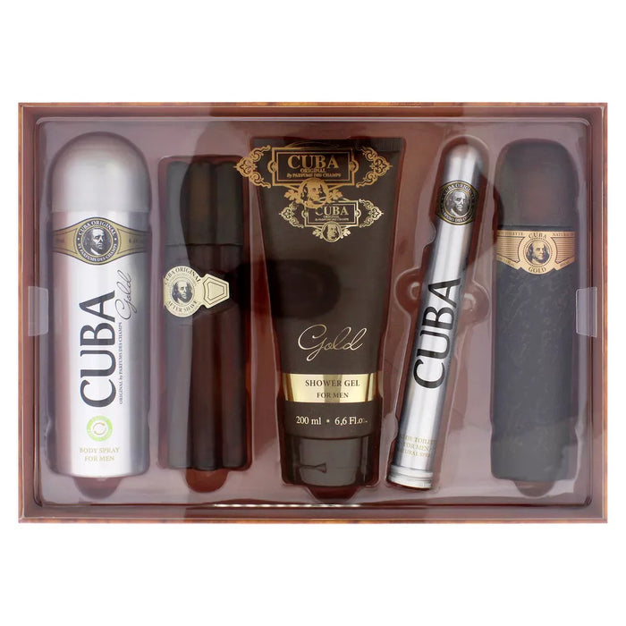 Cuba Gold Must Have by Cuba for Men - 5 Pc Gift Set 3.3oz EDT Spray, 1.17oz EDT Spray, 3.3oz After Shave, 6.7oz Body Spray, 6.7oz Shower Gel