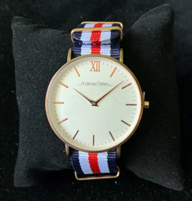 AO-63 Somand - Gold/Navy Blue-White-Red Nylon Strap Watch by Andreas Osten for Unisex - 1 Pc Watch