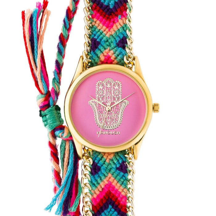 MSHHIPH Hindi Hand - Montre à bracelet en nylon doré/rose par Manoush pour femme - Montre 1 pièce