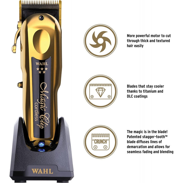 Wahl Professional 5 Star Series Clip mágico inalámbrico Gold #8148-700 y Detailer inalámbrico Li Gold #8171-700 y afeitadora Vanish inalámbrica #8173-700