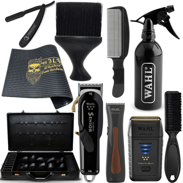 Wahl Professional Black Combo Set, Wahl Senior #8504-400 et tondeuse à béret modèle #8841 et rasoir Vanish #8173-700, flacon pulvérisateur Wahl, tapis de barbier, peigne à dessus plat, brosse à fondu, rasoir droit, plumeau pour le cou, valise de barbier