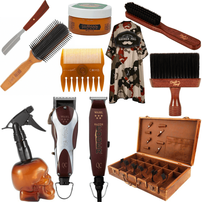 Wahl Professional Combo Set, Unicord Combo Model No 8242, Barber wooden Carrying Case, Water Spray, Dark Stag Fade Brush and Neck Duster, Army Style Cape, Clubman Pinaud Firm Hold Pomade, Spinner Comb, Styling Brush & Razor