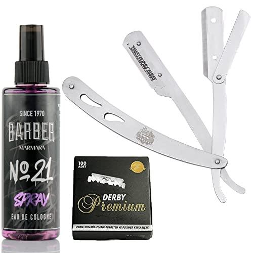 The Shave Factory Straight Edge Razor Kit (Steel Razor/Barber No21 50ml Cologne / 100 Derby Premium Single Edge Razor Blades) - BarberSets