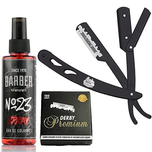 The Shave Factory Straight Edge Razor Kit (Black/Barber No23 50ml Cologne / 100 Derby Premium Single Edge Razor Blades) - BarberSets