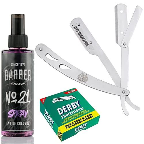 The Shave Factory Straight Edge Razor Kit (Steel Razor/Barber No21 50ml Cologne / 100 Derby Professional Single Edge Razor Blades) - BarberSets