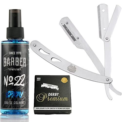 The Shave Factory Straight Edge Razor Kit (Steel Razor/Barber No22 50ml Cologne / 100 Derby Premium Single Edge Razor Blades) - BarberSets