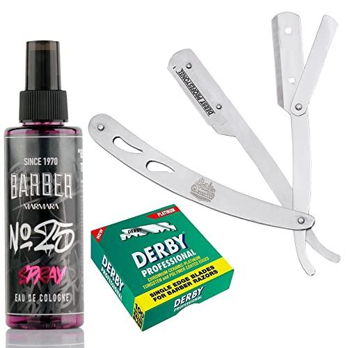 The Shave Factory Straight Edge Razor Kit (Steel Razor/Barber No25 50ml Cologne / 100 Derby Professional Single Edge Razor Blades) - BarberSets
