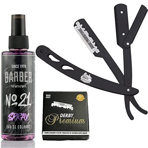 The Shave Factory Straight Edge Razor Kit (Black/Barber No21 50ml Cologne / 100 Derby Premium Single Edge Razor Blades) - BarberSets