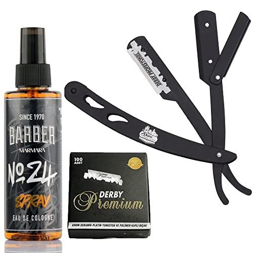 The Shave Factory Straight Edge Razor Kit (Black/Barber No24 50ml Cologne / 100 Derby Premium Single Edge Razor Blades) - BarberSets