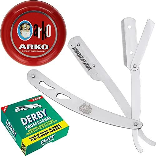 The Shave Factory Straight Edge Razor Kit (Steel Razor/Arko Shaving Soap / 100 Derby Professional Single Edge Razor Blades) - BarberSets
