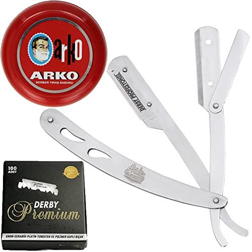 The Shave Factory Straight Edge Razor Kit (Steel Razor/Arko Shaving Soap / 100 Derby Premium Single Edge Razor Blades) - BarberSets