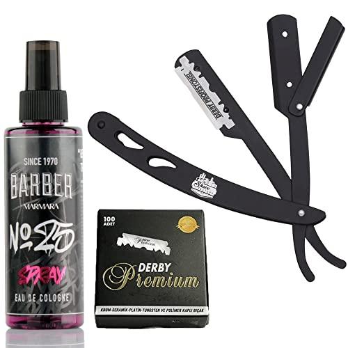 The Shave Factory Straight Edge Razor Kit (Black/Barber No25 50ml Cologne / 100 Derby Premium Single Edge Razor Blades) - BarberSets
