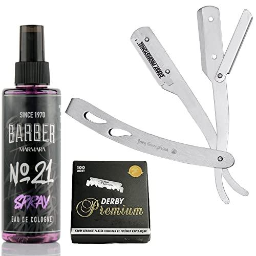 The Shave Factory Straight Edge Razor Kit (Matte/Barber No21 50ml Cologne / 100 Derby Premium Single Edge Razor Blades) - BarberSets