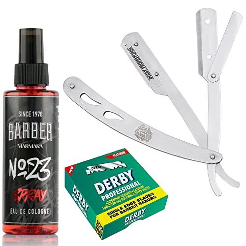 The Shave Factory Straight Edge Razor Kit (Steel Razor/Barber No23 50ml Cologne / 100 Derby Professional Single Edge Razor Blades) - BarberSets