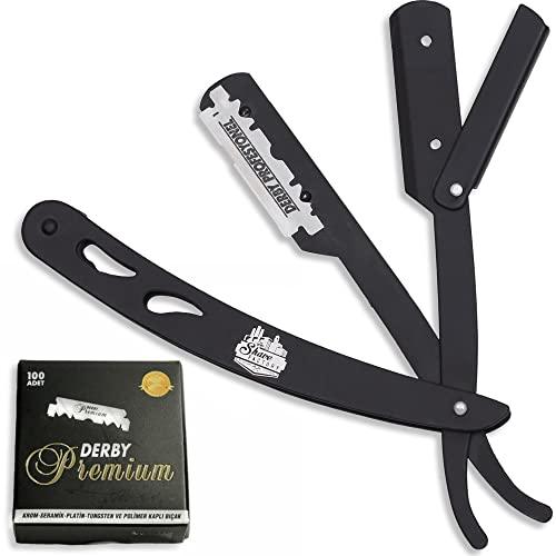 The Shave Factory Straight Edge Razor Kit (Black / 100 Derby Premium Single Edge Razor Blades) - BarberSets