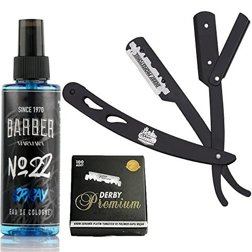 The Shave Factory Straight Edge Razor Kit (Black/Barber No22 50ml Cologne / 100 Derby Premium Single Edge Razor Blades) - BarberSets
