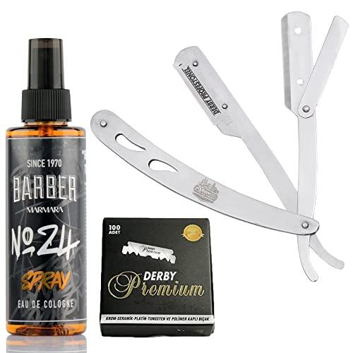 The Shave Factory Straight Edge Razor Kit (Steel Razor/Barber No24 50ml Cologne / 100 Derby Premium Single Edge Razor Blades) - BarberSets