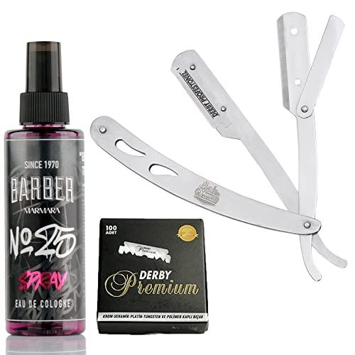 The Shave Factory Straight Edge Razor Kit (Steel Razor/Barber No25 50ml Cologne / 100 Derby Premium Single Edge Razor Blades) - BarberSets