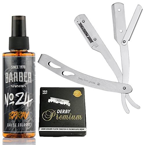 The Shave Factory Straight Edge Razor Kit (Matte/Barber No24 50ml Cologne / 100 Derby Premium Single Edge Razor Blades) - BarberSets