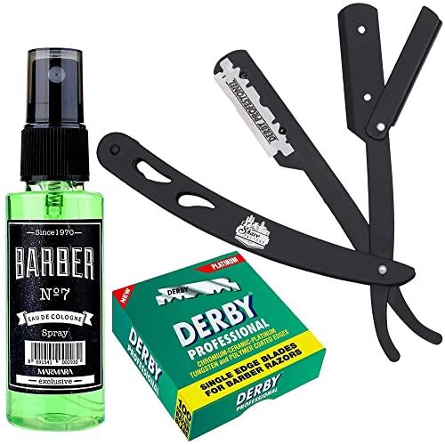 The Shave Factory Straight Edge Razor Kit (Black/Barber No7 Cologne 50ml / 100 Derby Professional Single Edge Razor Blades) - BarberSets