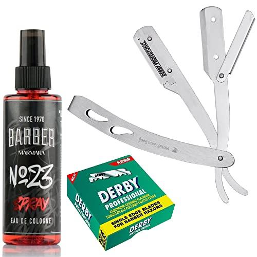 The Shave Factory Straight Edge Razor Kit (Matte/Barber No23 50ml Cologne / 100 Derby Professional Single Edge Razor Blades) - BarberSets