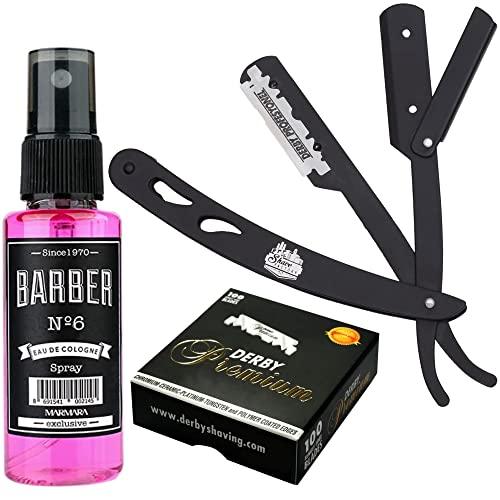 The Shave Factory Straight Edge Razor Kit (Black/Barber No6 Cologne 50ml / 100 Derby Premium Single Edge Razor Blades) - BarberSets