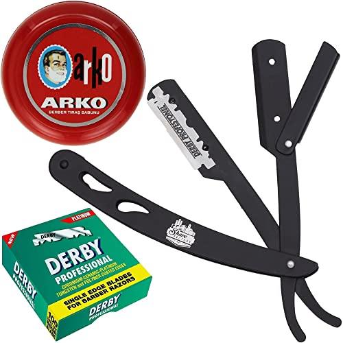 The Shave Factory Straight Edge Razor Kit (Black/Arko Shaving Soap / 100 Derby Professional Single Edge Razor Blades) - BarberSets