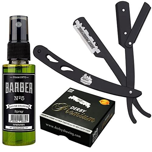 The Shave Factory Straight Edge Razor Kit (Black/Barber No5 Cologne 50ml / 100 Derby Premium Single Edge Razor Blades) - BarberSets