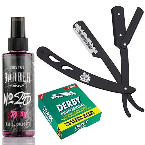 The Shave Factory Straight Edge Razor Kit (Black/Barber No25 50ml Cologne / 100 Derby Professional Single Edge Razor Blades) - BarberSets