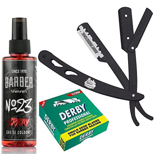 The Shave Factory Straight Edge Razor Kit (Black/Barber No23 50ml Cologne / 100 Derby Professional Single Edge Razor Blades) - BarberSets