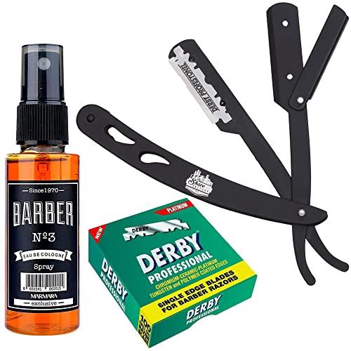 The Shave Factory Straight Edge Razor Kit (Black/Barber No3 Cologne 50ml / 100 Derby Professional Single Edge Razor Blades) - BarberSets