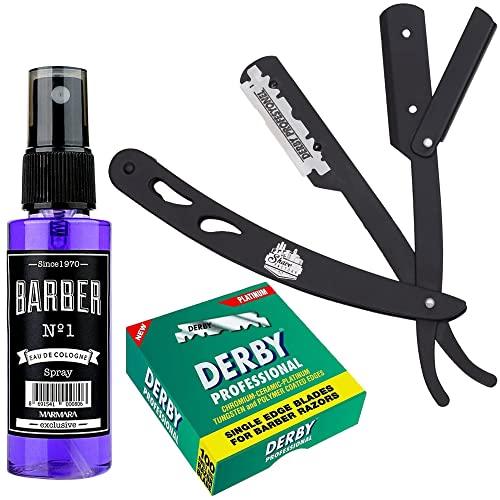 The Shave Factory Straight Edge Razor Kit (Black/Barber No1 Cologne 50ml / 100 Derby Professional Single Edge Razor Blades) - BarberSets