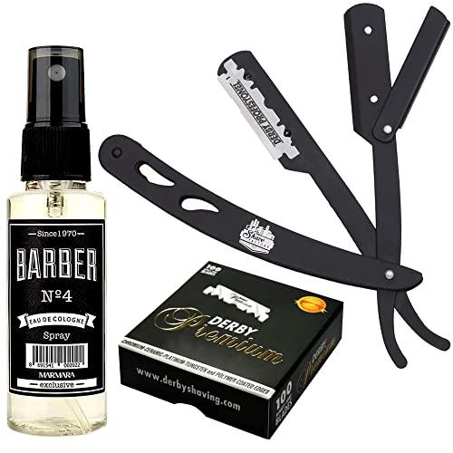 The Shave Factory Straight Edge Razor Kit (Black/Barber No4 Cologne 50ml / 100 Derby Premium Single Edge Razor Blades) - BarberSets