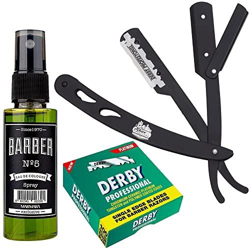The Shave Factory Straight Edge Razor Kit (Black/Barber No5 Cologne 50ml / 100 Derby Professional Single Edge Razor Blades) - BarberSets