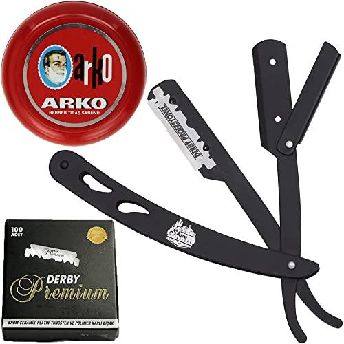 The Shave Factory Straight Edge Razor Kit (Black/Arko Shaving Soap / 100 Derby Premium Single Edge Razor Blades) - BarberSets