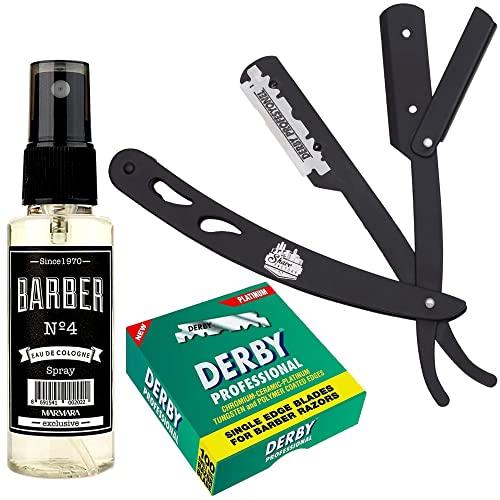 The Shave Factory Straight Edge Razor Kit (Black/Barber No4 Cologne 50ml / 100 Derby Professional Single Edge Razor Blades) - BarberSets