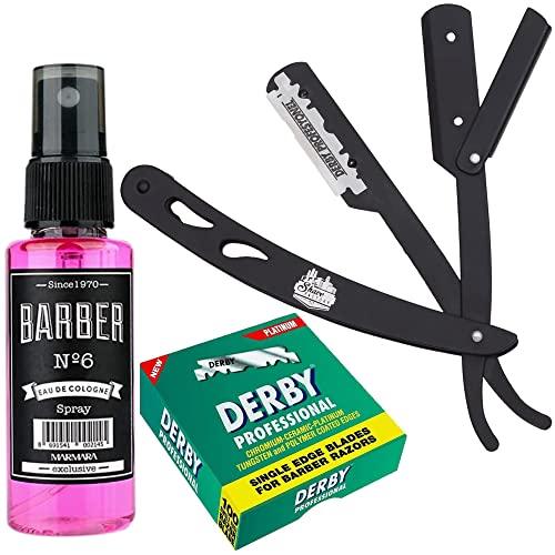 The Shave Factory Straight Edge Razor Kit (Black/Barber No6 Cologne 50ml / 100 Derby Professional Single Edge Razor Blades) - BarberSets