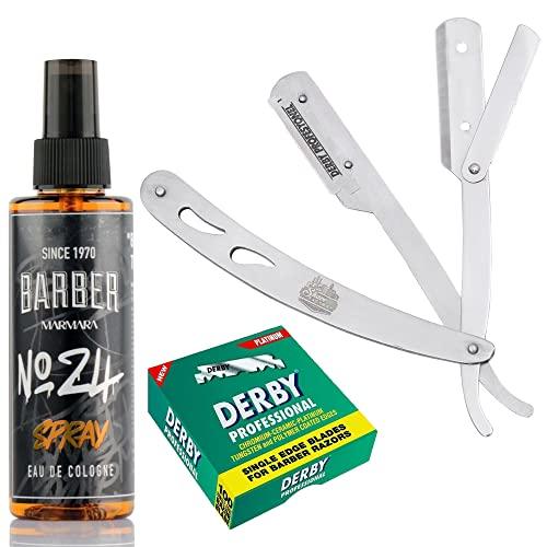 The Shave Factory Straight Edge Razor Kit (Steel Razor/Barber No24 50ml Cologne / 100 Derby Professional Single Edge Razor Blades) - BarberSets