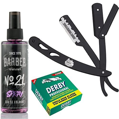The Shave Factory Straight Edge Razor Kit (Black/Barber No21 50ml Cologne / 100 Derby Professional Single Edge Razor Blades) - BarberSets