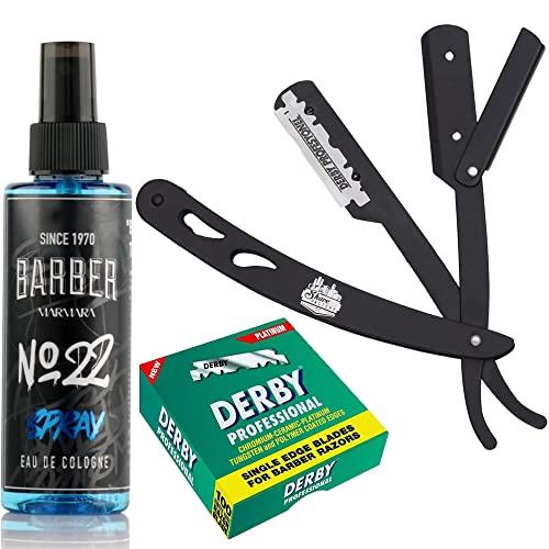 The Shave Factory Straight Edge Razor Kit (Black/Barber No22 50ml Cologne / 100 Derby Professional Single Edge Razor Blades) - BarberSets