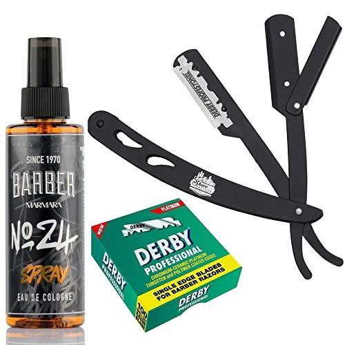 The Shave Factory Straight Edge Razor Kit (Black/Barber No24 50ml Cologne / 100 Derby Professional Single Edge Razor Blades) - BarberSets