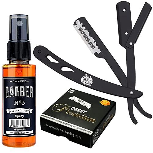 The Shave Factory Straight Edge Razor Kit (Black/Barber No3 Cologne 50ml / 100 Derby Premium Single Edge Razor Blades) - BarberSets